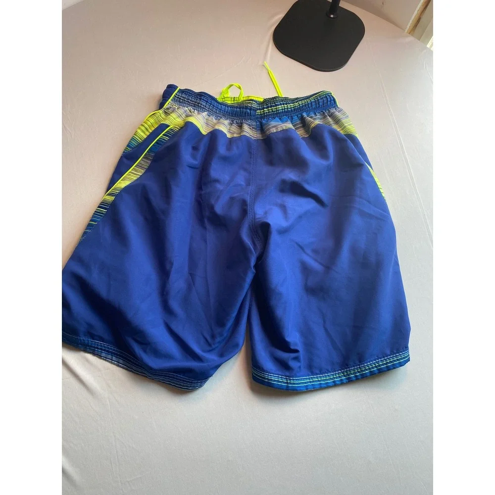 Nike Mens Royal Blue Neon Yellow Striped Swim Trunks Mesh Lined Board Shorts M